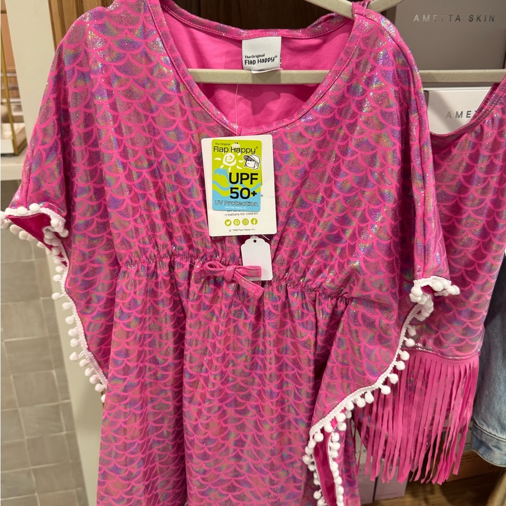 Pink Mermaid Pattern Cover Up with Pom Pom Trim
